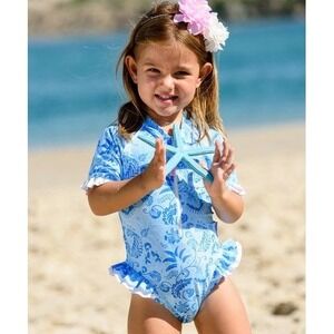 Sun Emporium Toddler Girls Swimsuit Blue Floral Ruffle Size 1 (12 months)